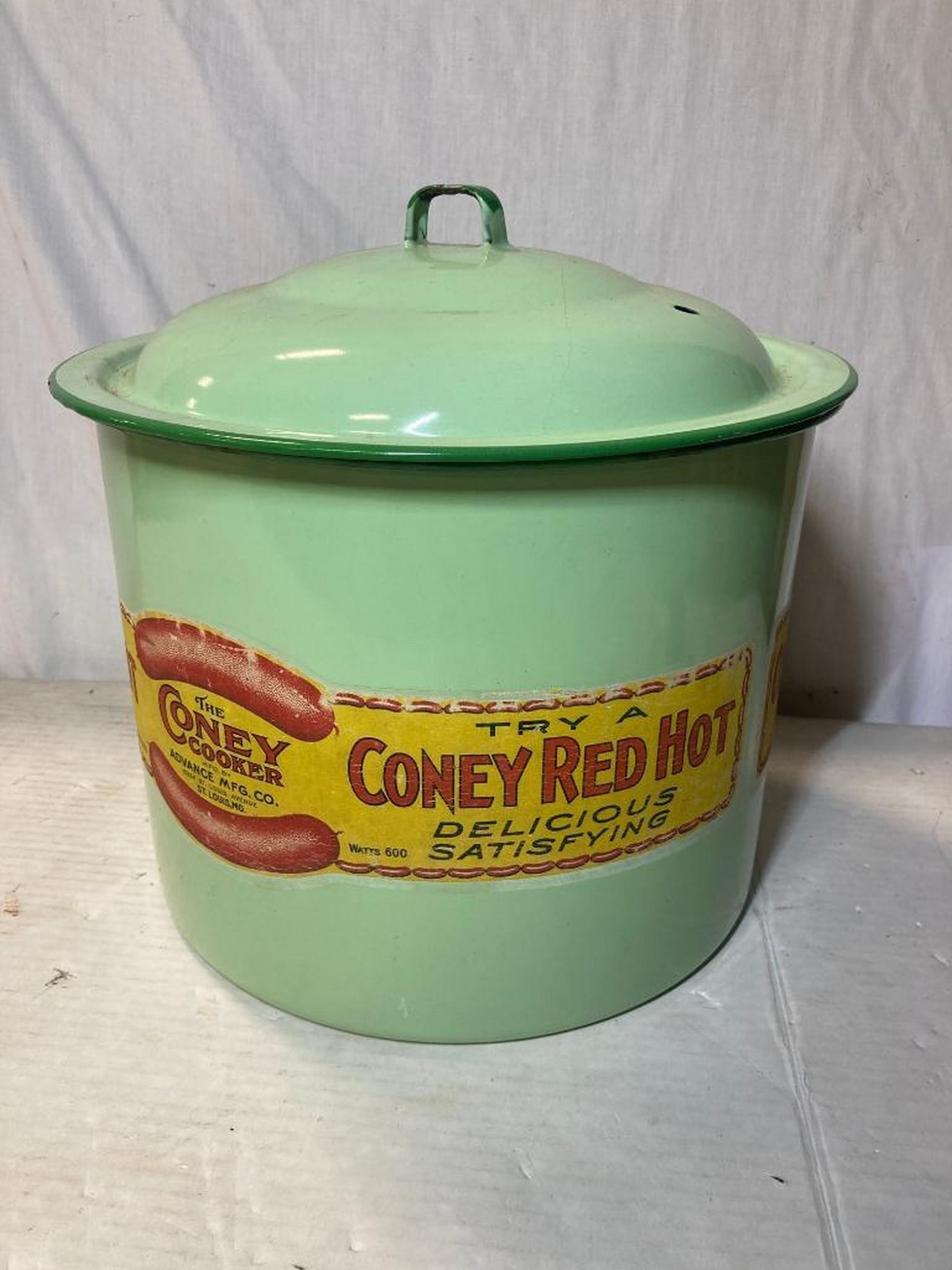 1920's "Coney Island Red Hot Cooker" Porcelain Hot Dog Pot: 1920's "Coney Island Red Hot Cooker" Porcelain Hot Dog Pot
