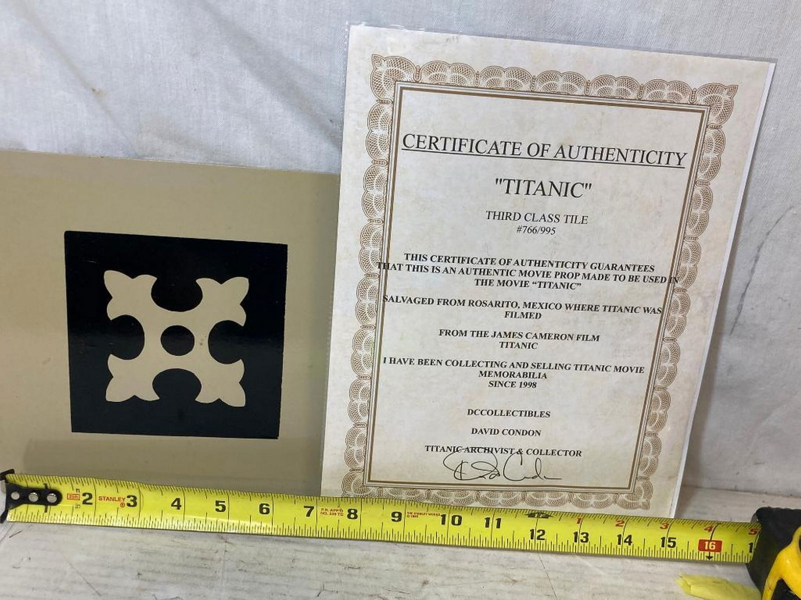 1997 "Titanic" 1 Third Class Floor Tile 766/995 Movie Prop COA: 1997 "Titanic" 1 Third Class Floor Tile 766/995 Movie Prop COA