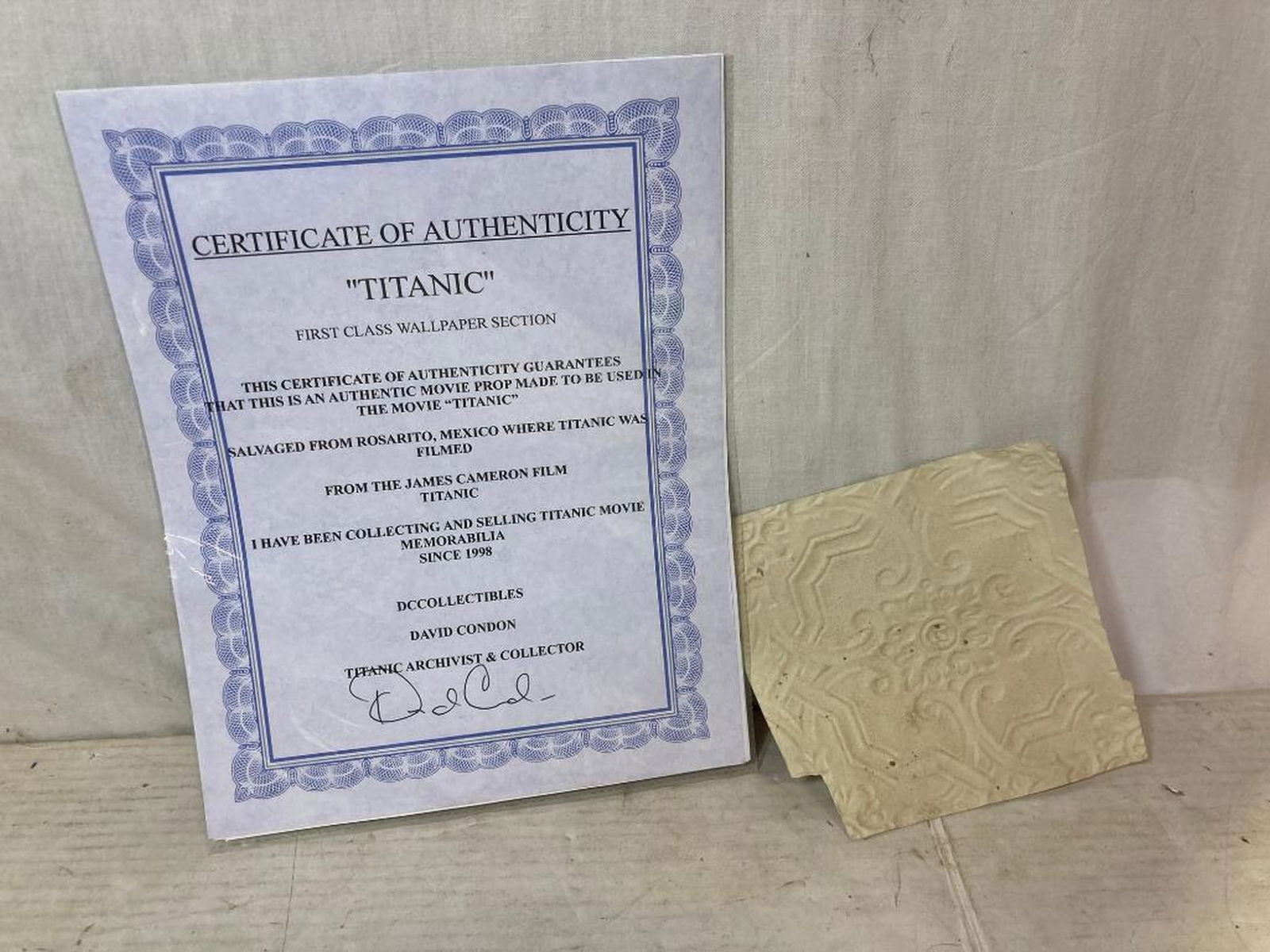 1997 "Titanic" 1 Section Of First Class Wallpaper Movie Prop COA (1 of 3)