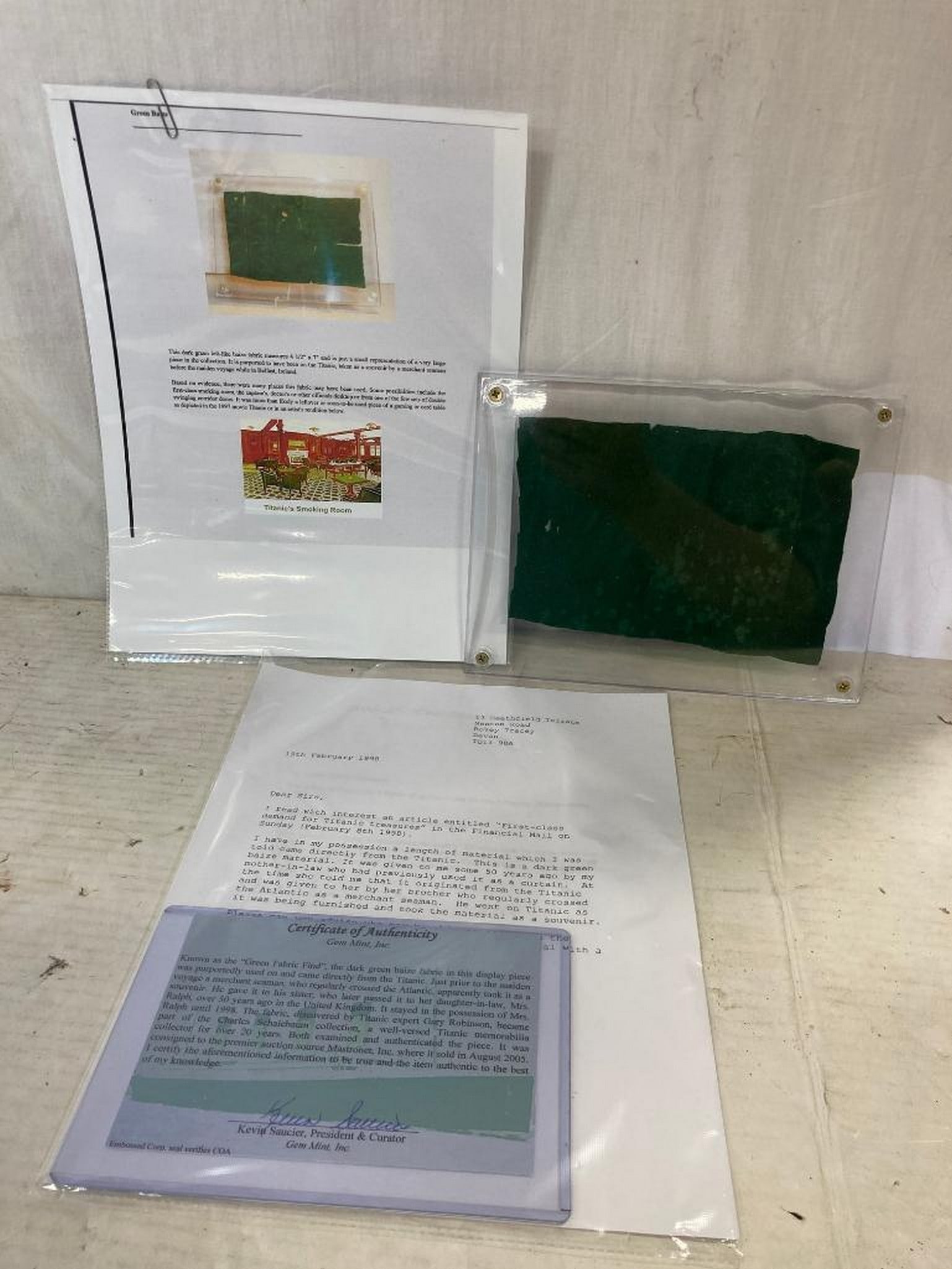 Titanic green fabric piece taken prior to maiden voyage: Titanic green fabric piece taken prior to maiden voyage