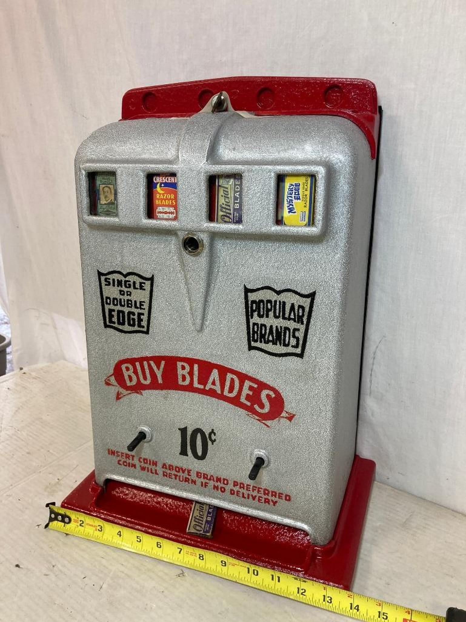 1940's "Razor Blades" Vending Machine: Looks to be restored. Measures 20x12x10, weighs 40-50 lbs approx.
