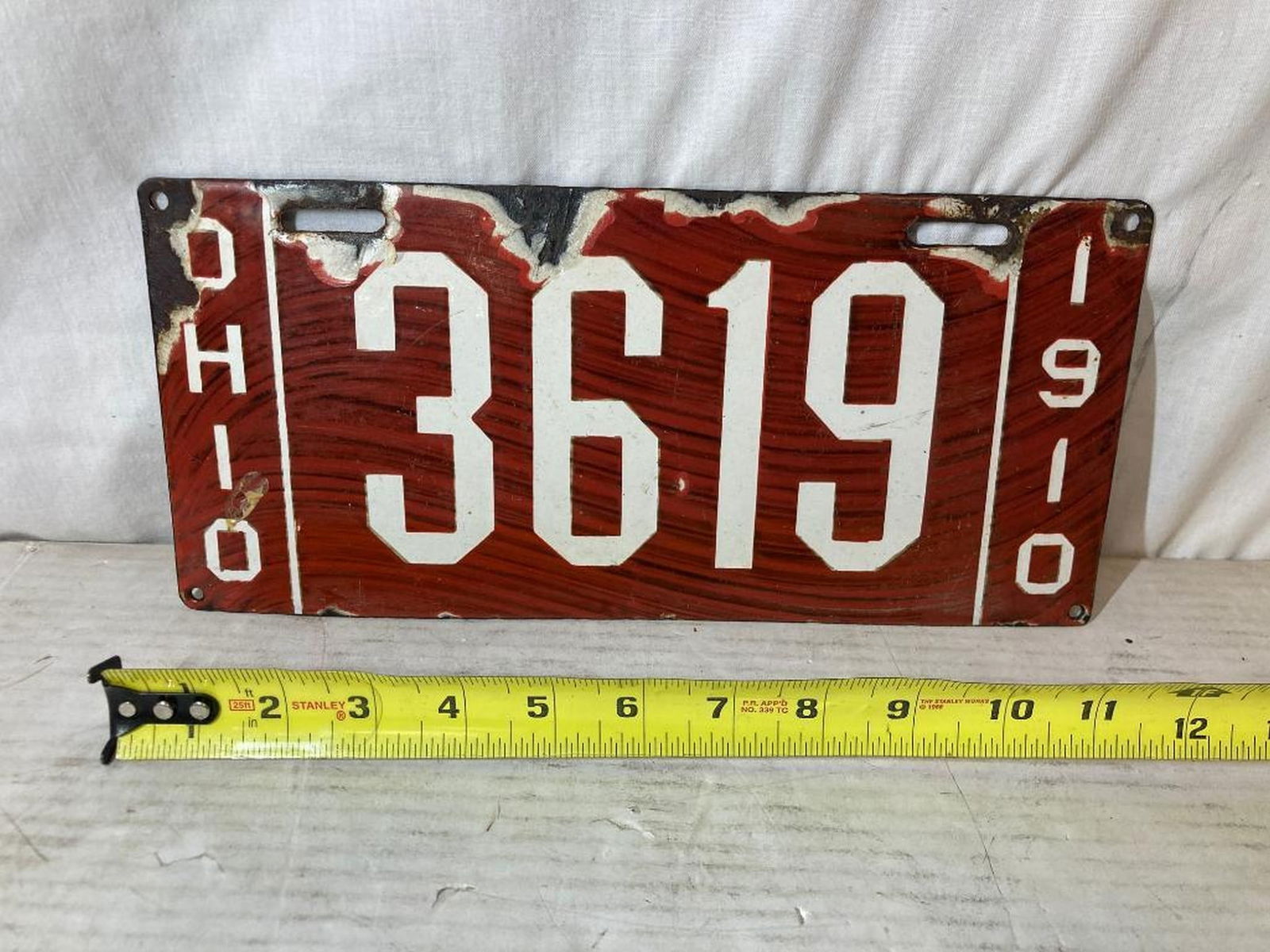 1910 "Ohio 3619" Porcelain License Plate: 1910 "Ohio 3619" Porcelain License Plate