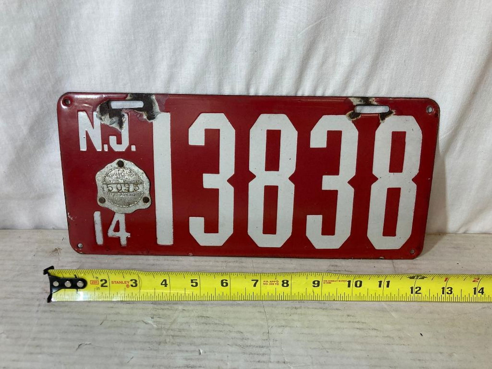 1914 "New Jersey 13838" Porcelain License Plate: 1914 "New Jersey 13838" Porcelain License Plate