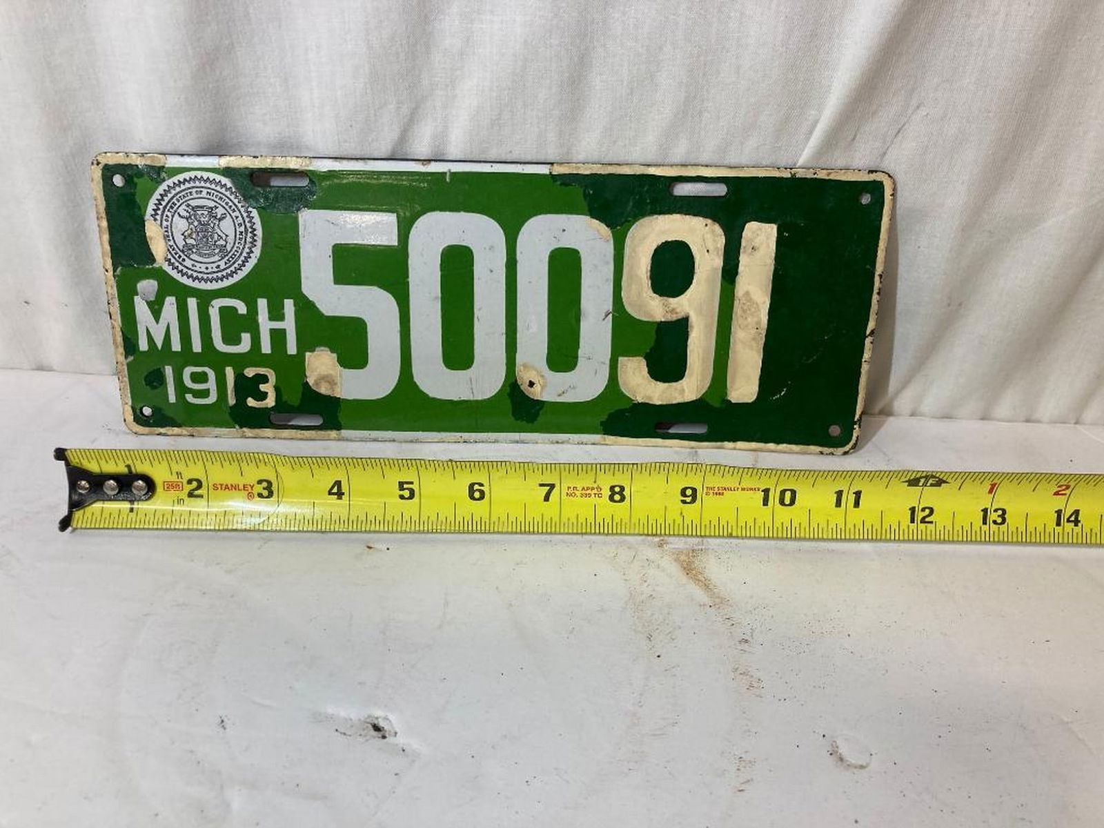 1913 "Michigan 50091" Porcelain License Plate: 1913 "Michigan 50091" Porcelain License Plate