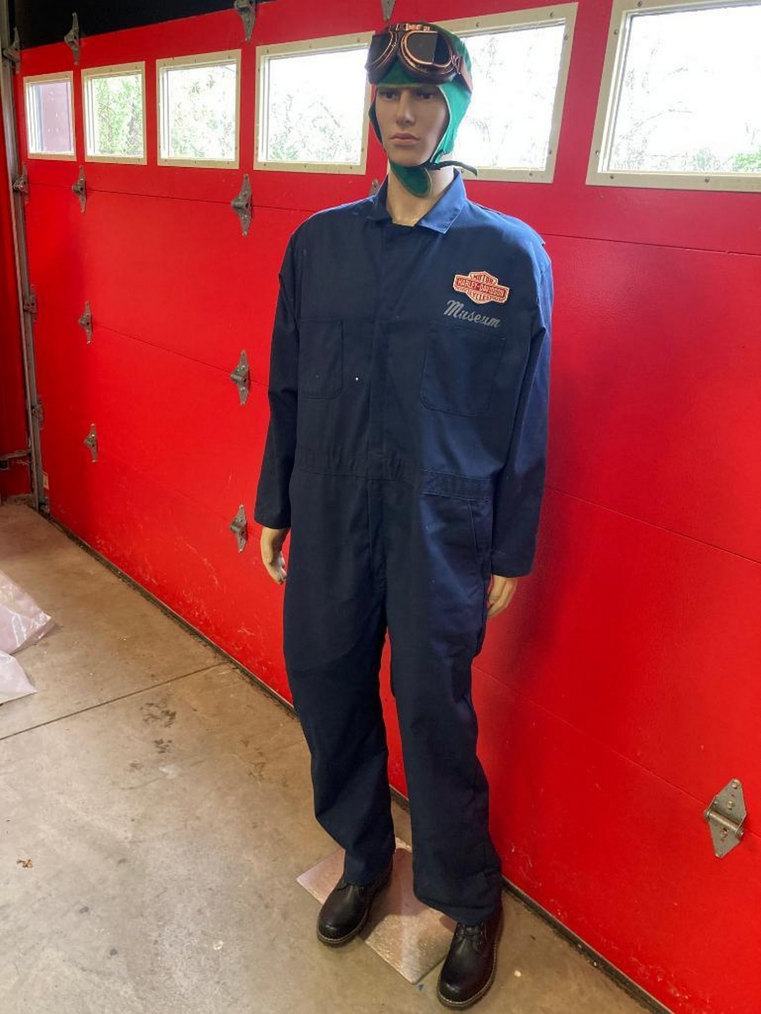 Vintage Harley Davidson Museum coverhalls motorcycle outfit on Mannequin: Vintage Harley Davidson Museum coverhalls motorcycle outfit on Mannequin