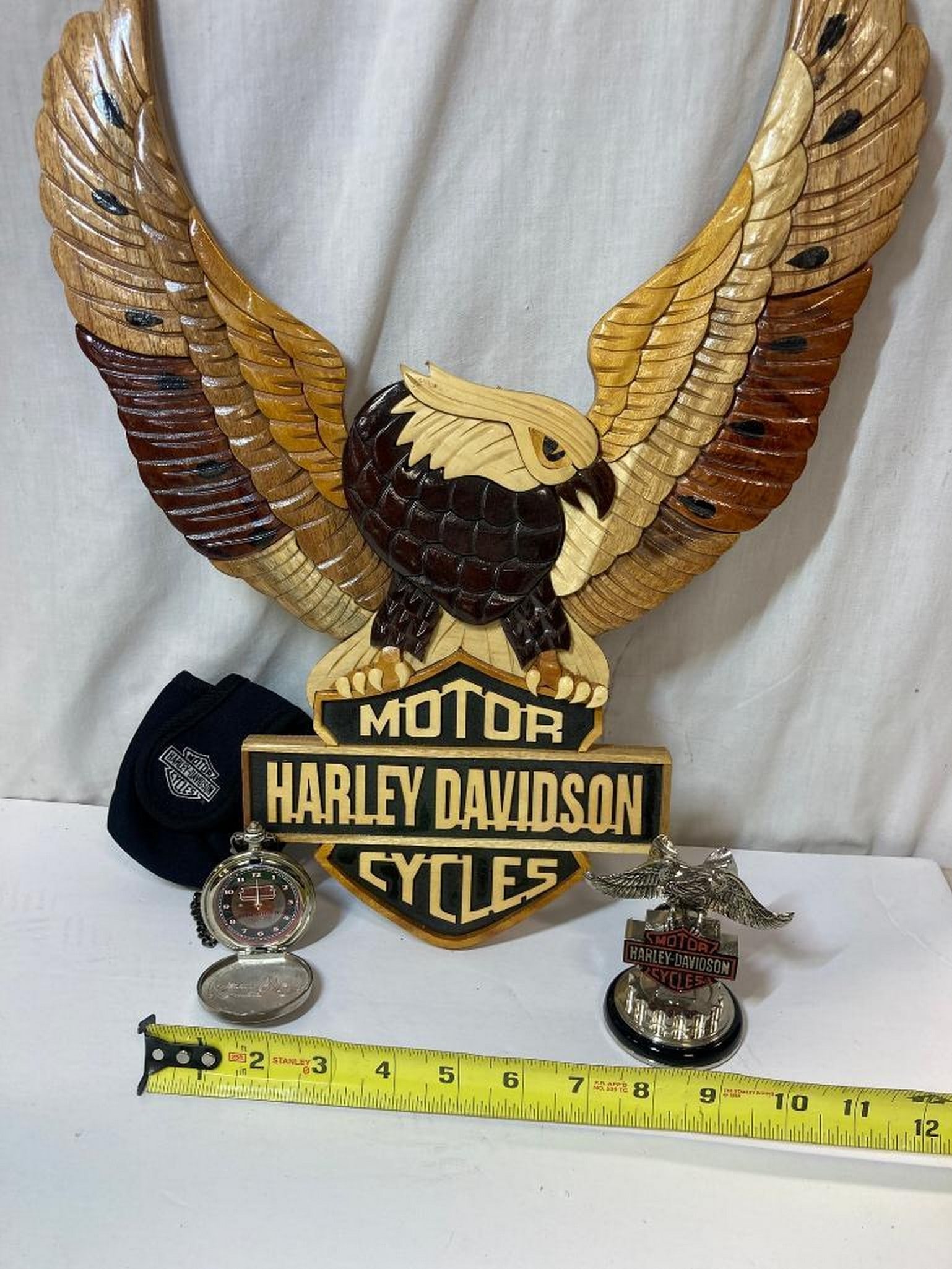 Franklin Mint Harley Davidson pocket watch with case, Eagle holder and wood wall art (1 of 3)