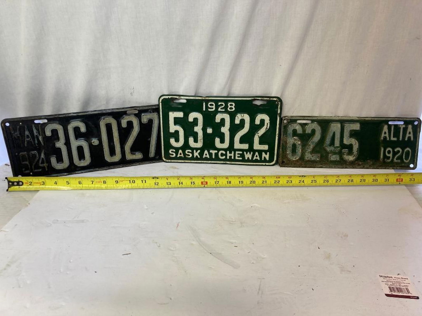1920 "Alberta 6245", 1924 Manitoba 36-027, & 1928 Saskatchewan 53-322 licente plates: 1920 "Alberta 6245", 1924 Manitoba 36-027, & 1928 Saskatchewan 53-322 licente plates