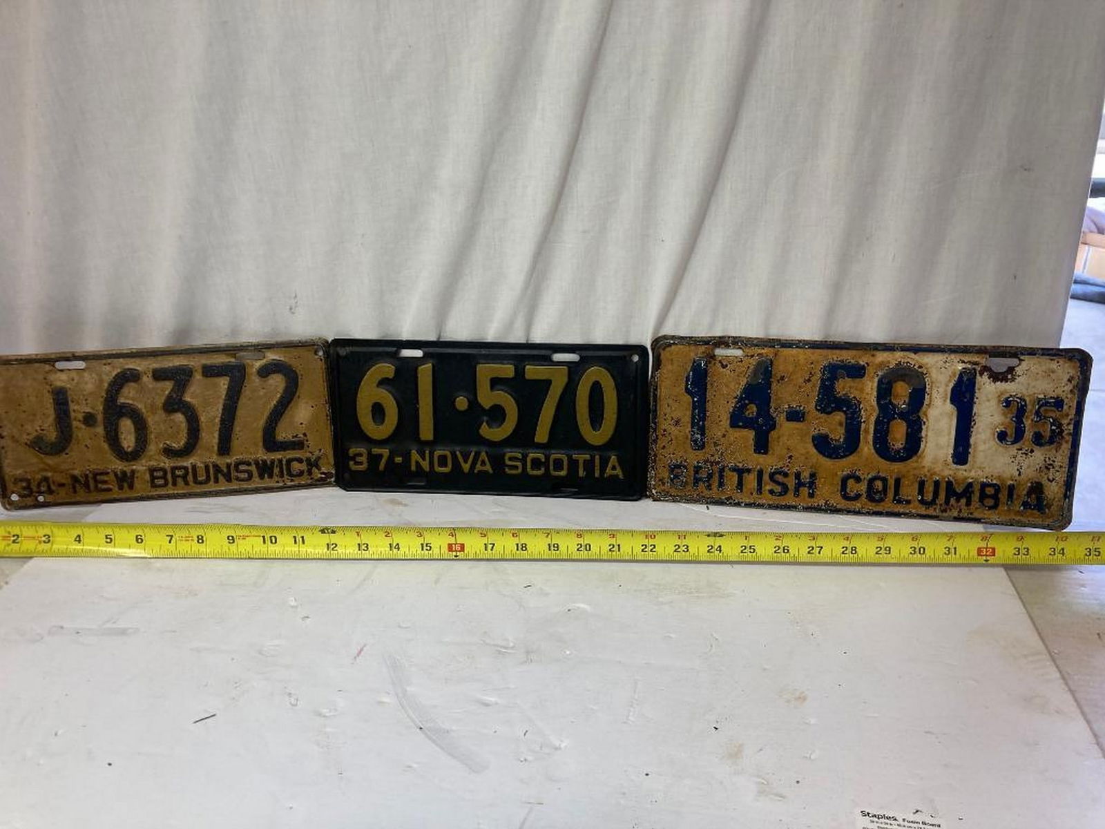 1934 "N. Brunswick J-6372, 1937 "Nova Scotia 61-570, & 1935 Brit Columbia 14-581 License : 1934 "N. Brunswick J-6372, 1937 "Nova Scotia 61-570, & 1935 Brit Columbia 14-581 License