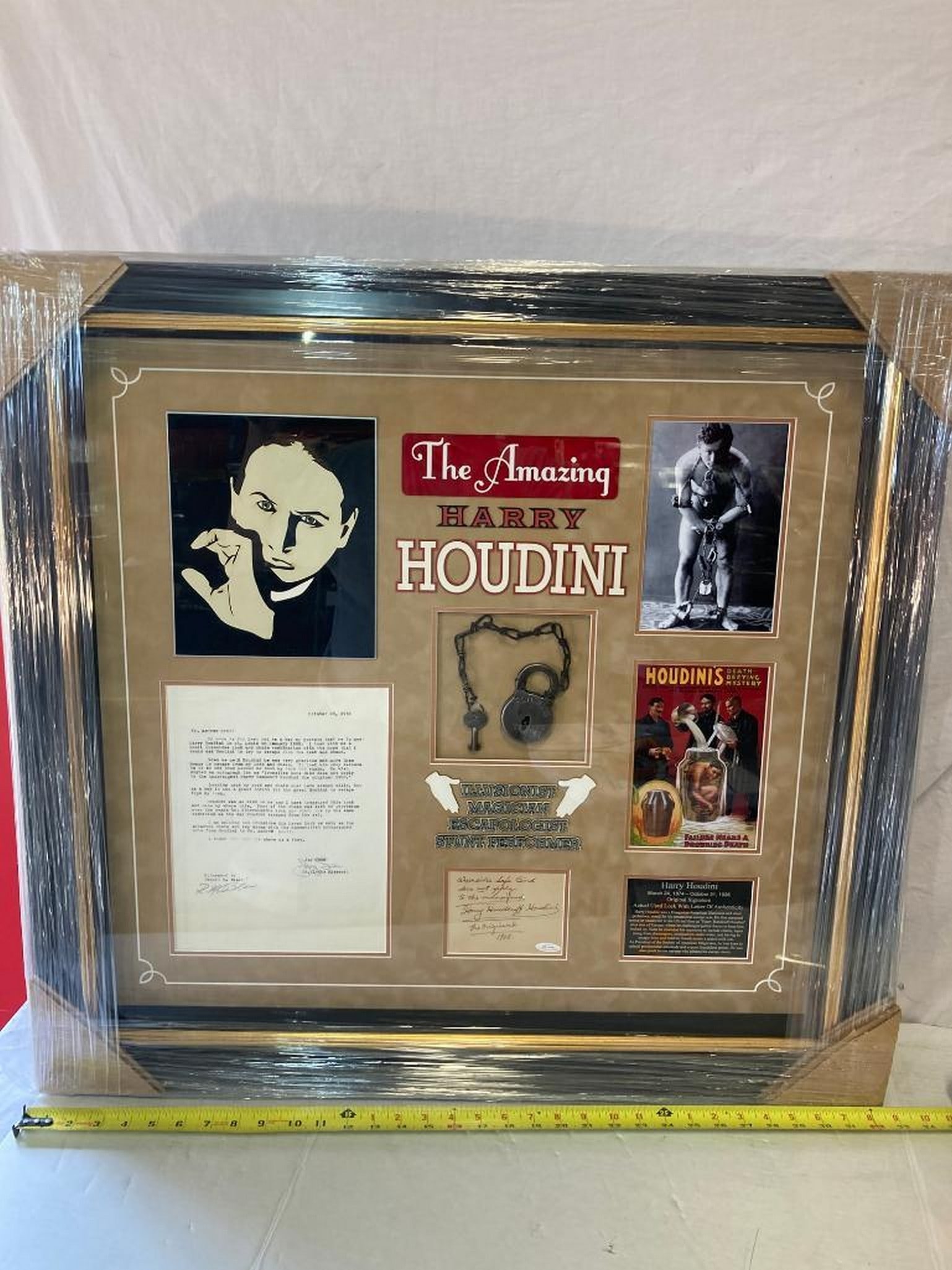 Harry Houdini Signed Cut With Letter, Lock, & Keys Photo Frame: Harry Houdini Signed Cut With Letter, Lock, & Keys Photo Frame