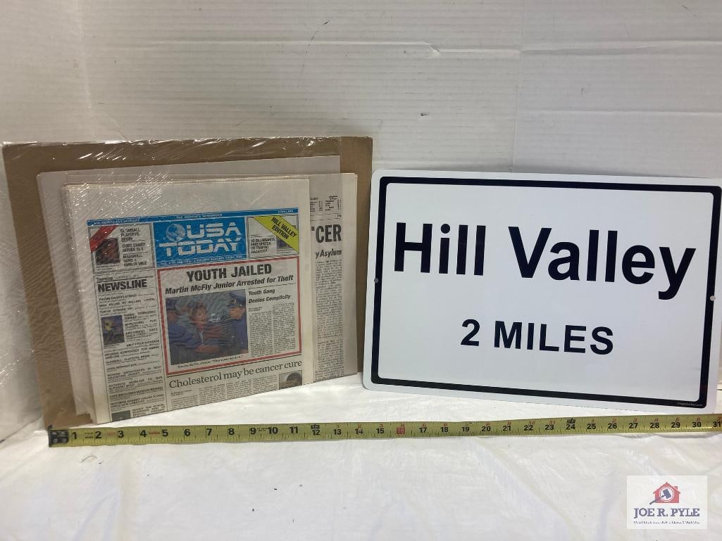 "Hill Valley 2 Miles" Back To The Future Movie Prop Sign & Lot Of Newspapers" Replica Movie Props (1 of 3)