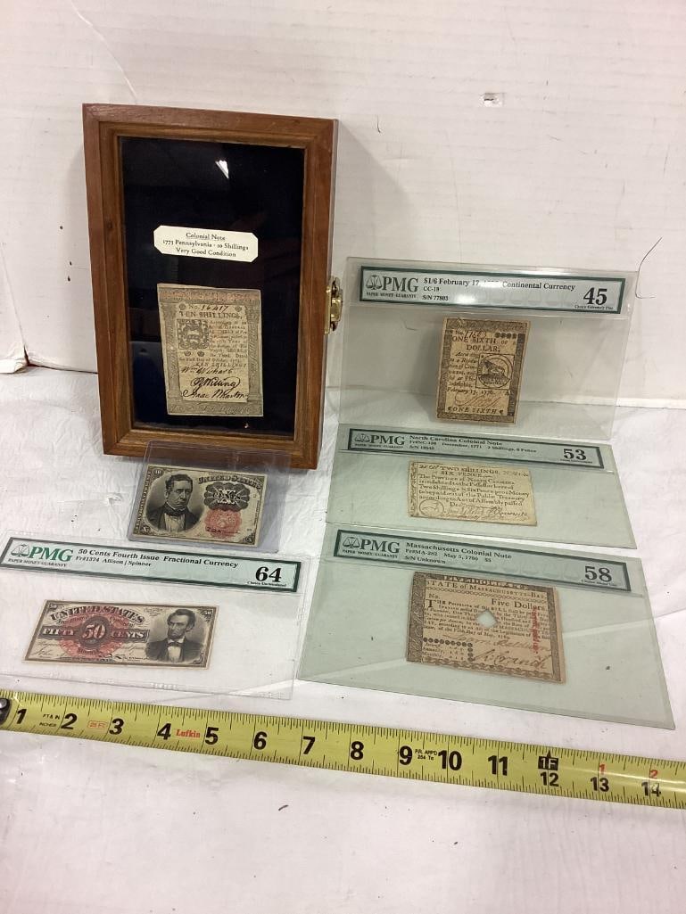 Continental currency: 1/6, $2, $10 shillings,$5, .10 and .50 US notes graded (1 of 7)