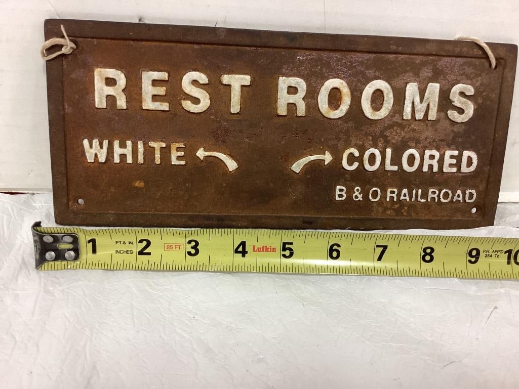Vintage "B&O Railroad Restrooms White & Colored" cast iron Sign 9 x 4 (1 of 2)