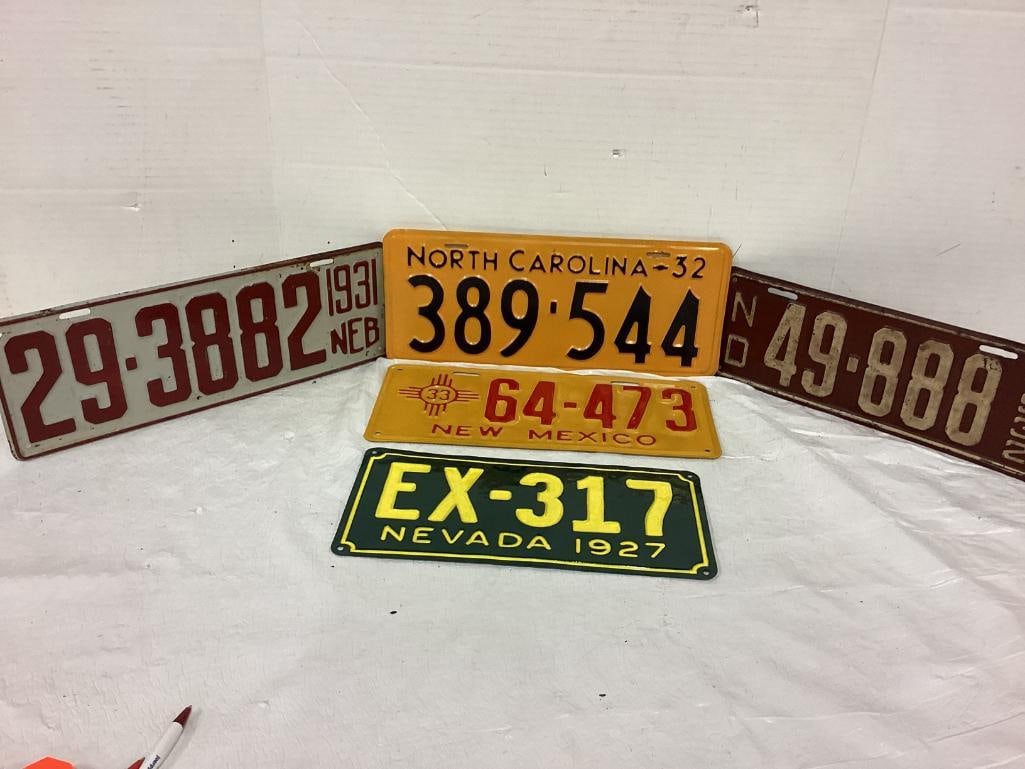 5 vintage License plates: 1927 Nevada, 1931 Nebraska, 1932 N Dakota & N Carolina, & 1933 New Mexico (1 of 4)