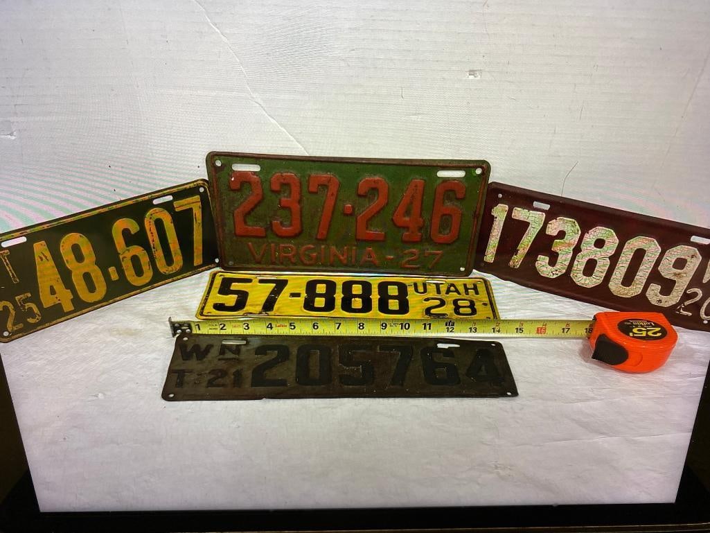 5 Vintage License plates: 1920 Wisconsin, 1921 Washington, 1925 Vermont, 1927 Virginia, & 1928 Utah (1 of 3)