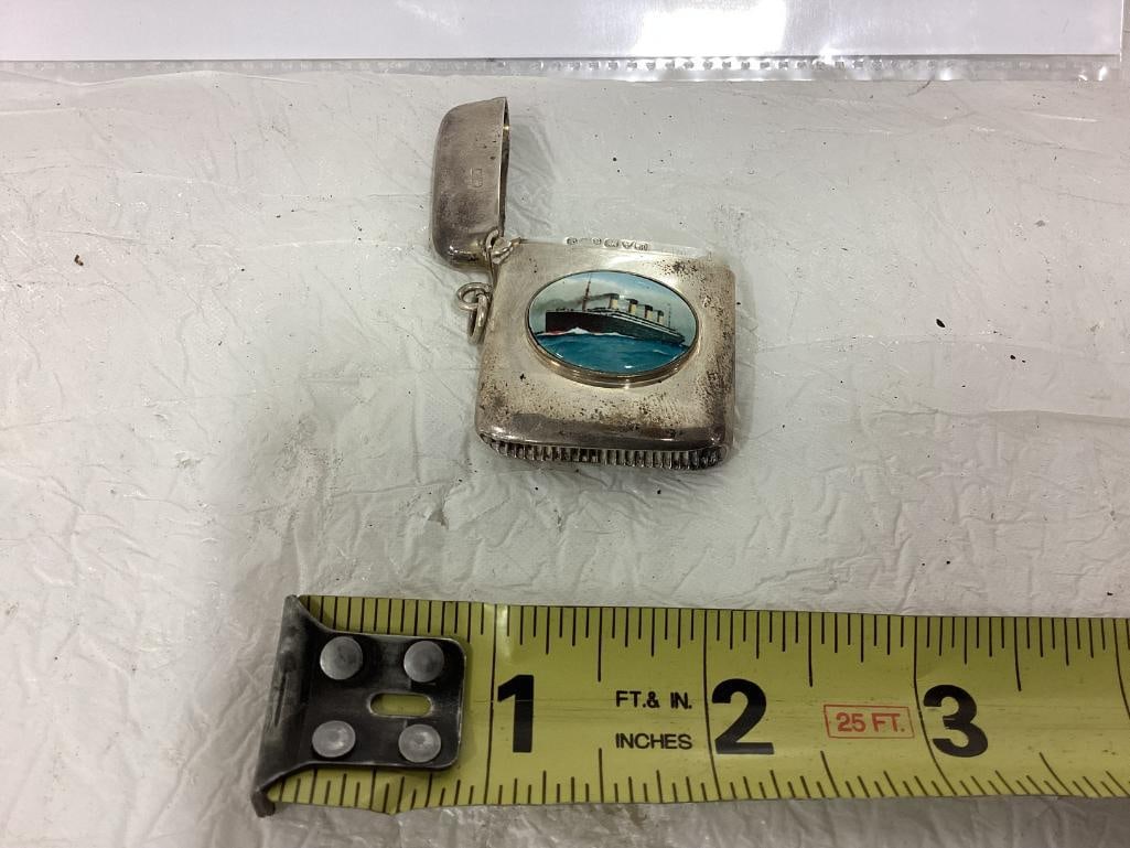 Antique Pocket Sterling Silver Titanic Vesta Case hallmark Chester 1912 with enameled plaque  (1 of 5)