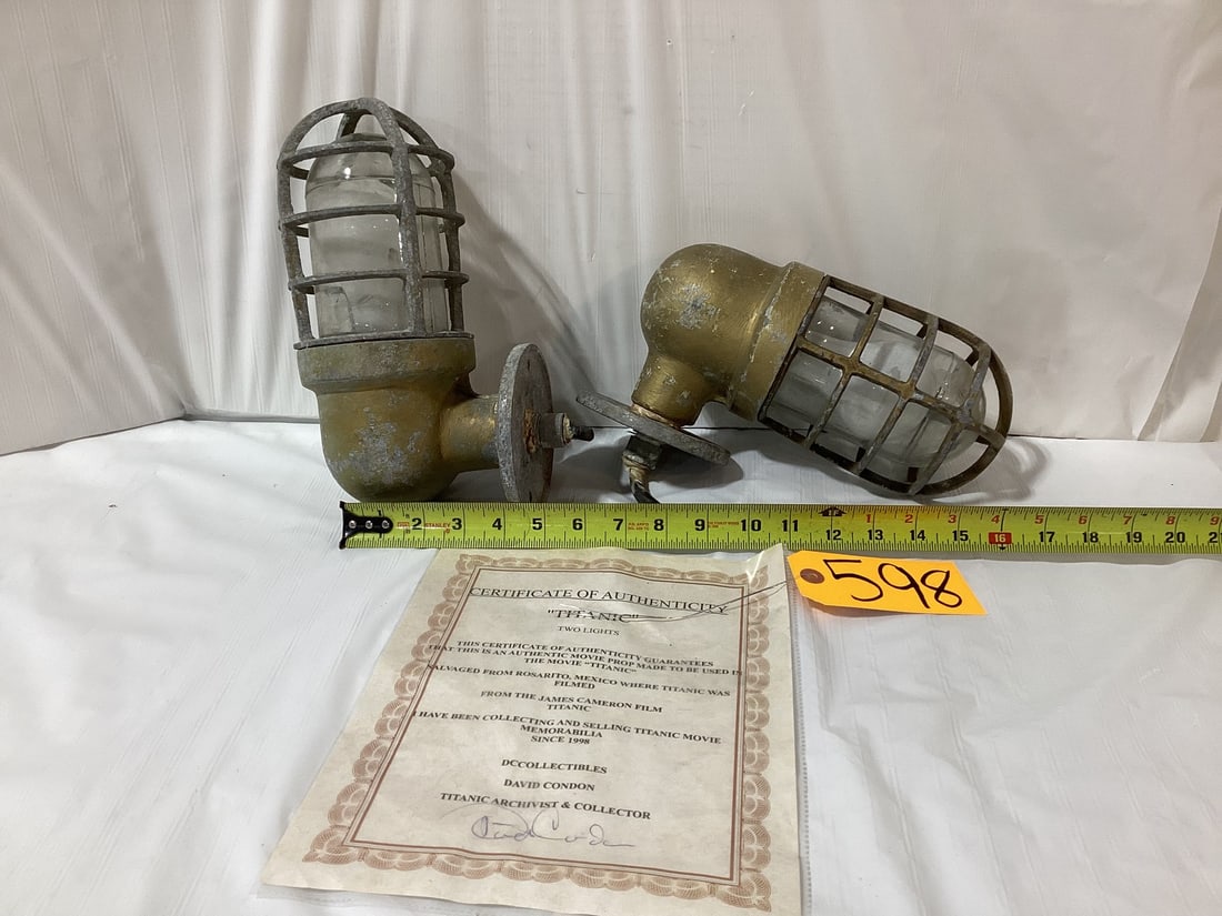 Two 1997 Titanic movie props:  2 Ship deck lights made of metal with COA (1 of 3)