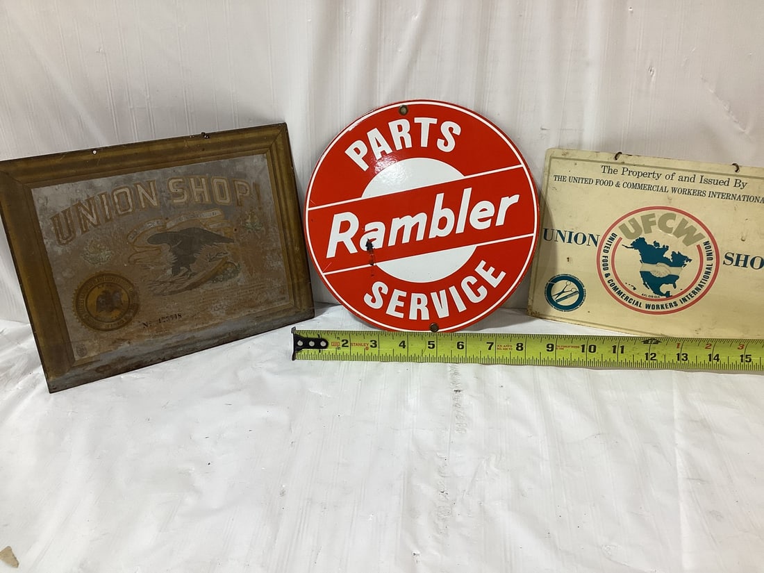 3 Metal signs: The Rambler sign is porcelain and damaged: 3 Metal signs: The Rambler sign is porcelain and damaged