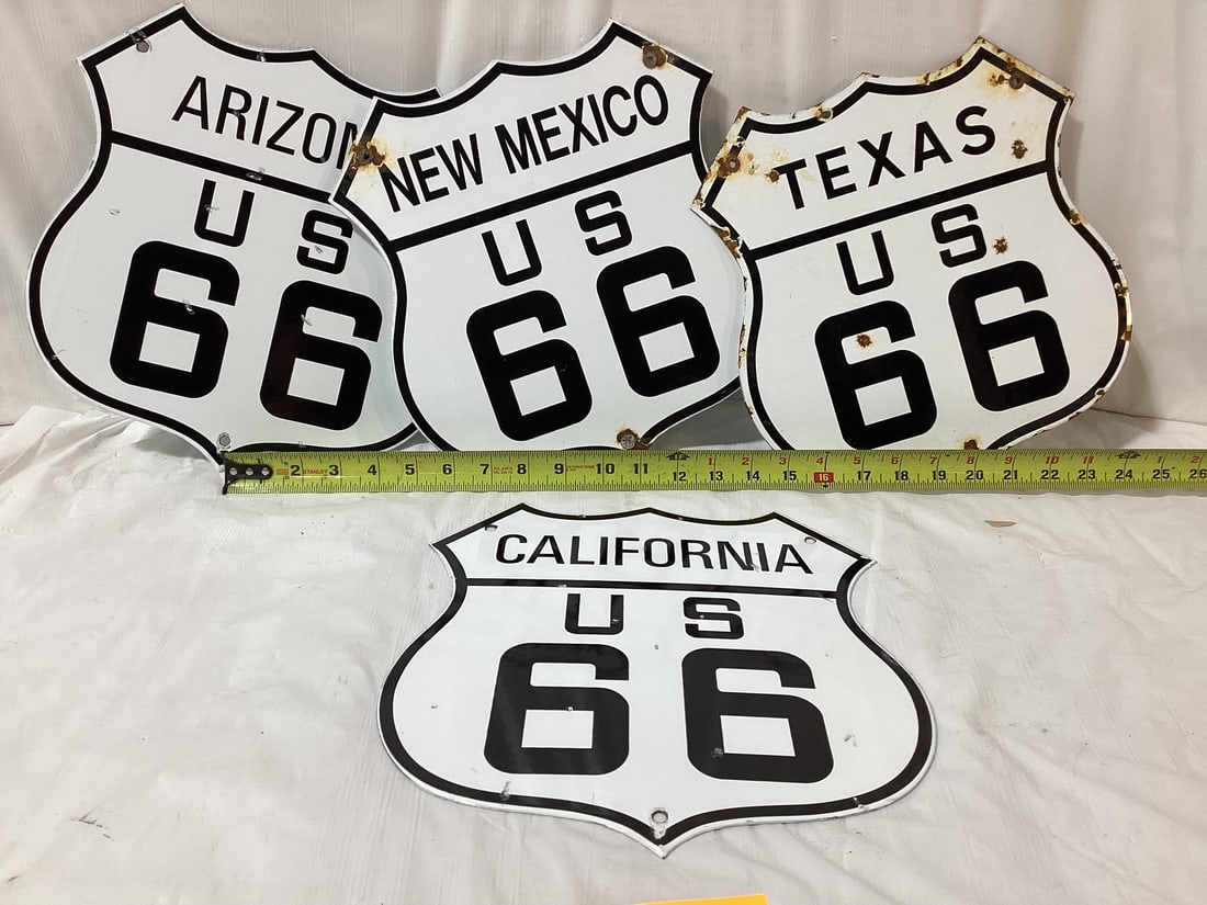 4 Route 66 porcelain road markers with damage: 4 Route 66 porcelain road markers with damage
