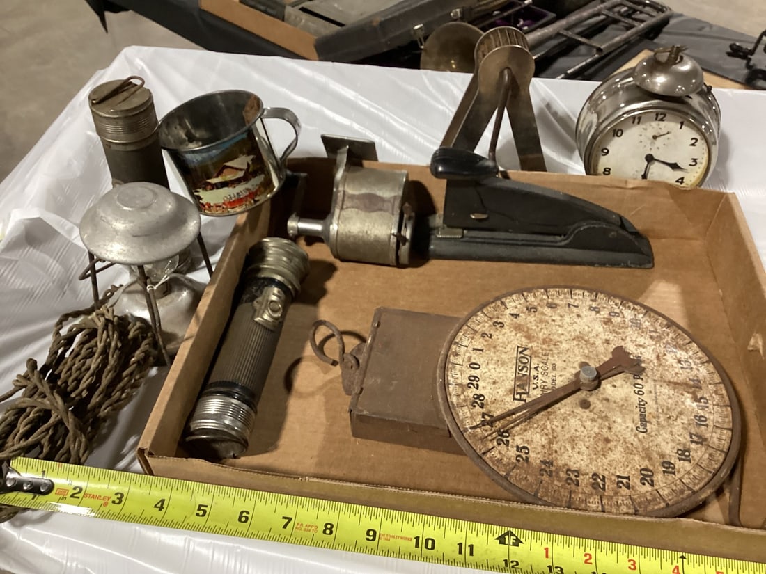 Lot of vintage hardware items:  Flashlight, stapler, scale (1 of 3)