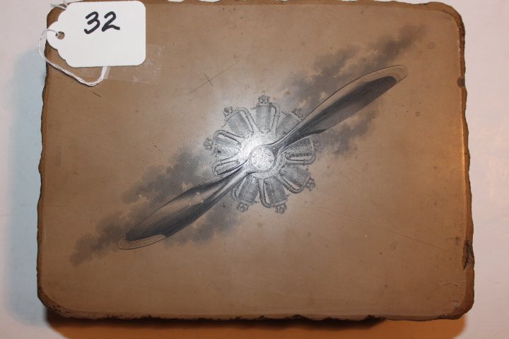 Very unusual lithograph printing stone, of an eight: Very unusual lithograph printing stone, of an eight cylinder airplane engine and propeller 2 1/4"H 6" x 8" no ref.#