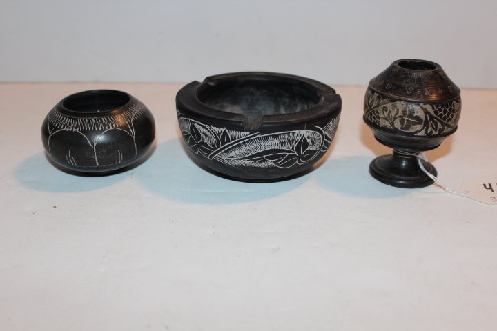 Three pieces of stone from the dead sea, all three: Three pieces of stone from the dead sea, all three pieces with simple decoration, bowl 1 3/4"H, vase 3"H and an ashtray 2"H 4"D no ref.#