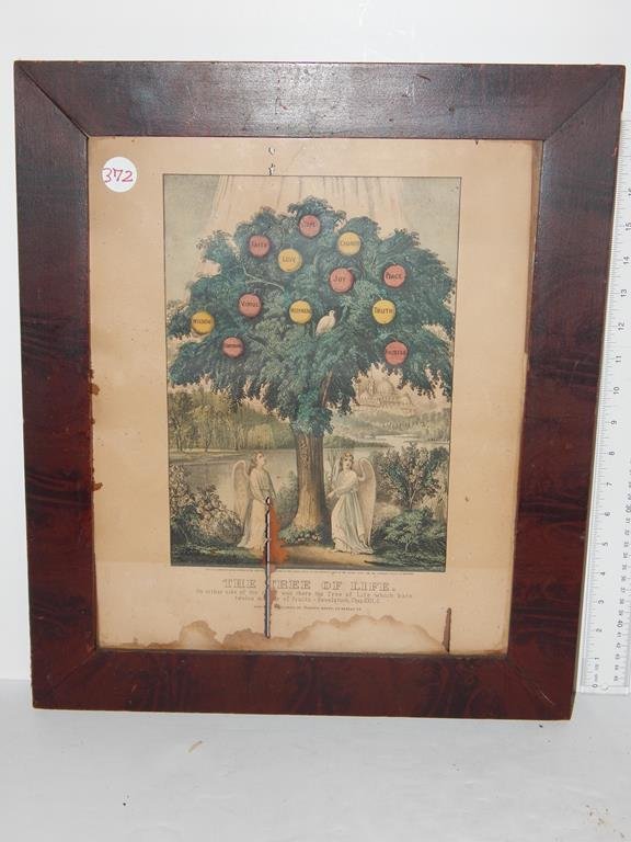 Four framed lithographs, "the tree of life" by Baillie: Four framed lithographs, "the tree of life" by Baillie minor stain, "an evil tree or the natural heart" by Kellogg stains, "the tree of life/the Christian" no publishers name and "the tree of life" by