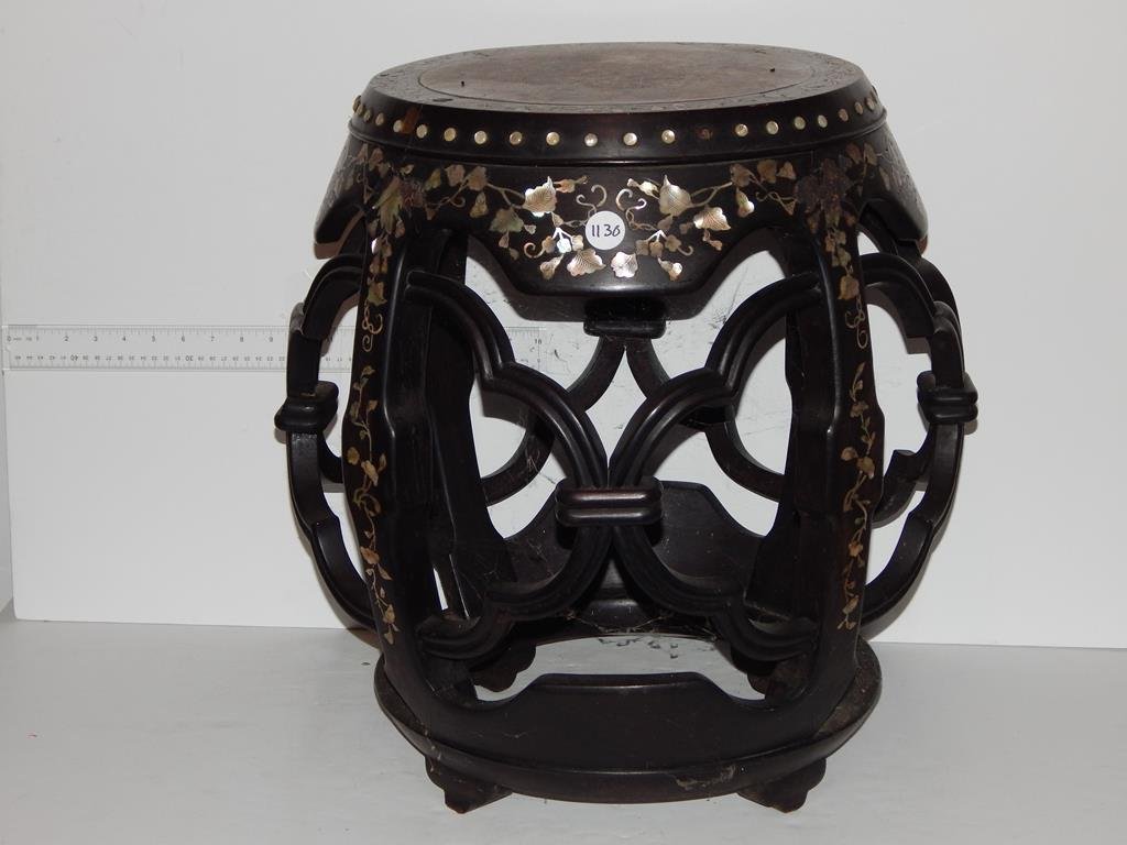 Oriental Teak drum table with lots of mother of pearl: Oriental Teak drum table with lots of mother of pearl decoration and marble inset top condition is good 20"H 14"D ref.#1130