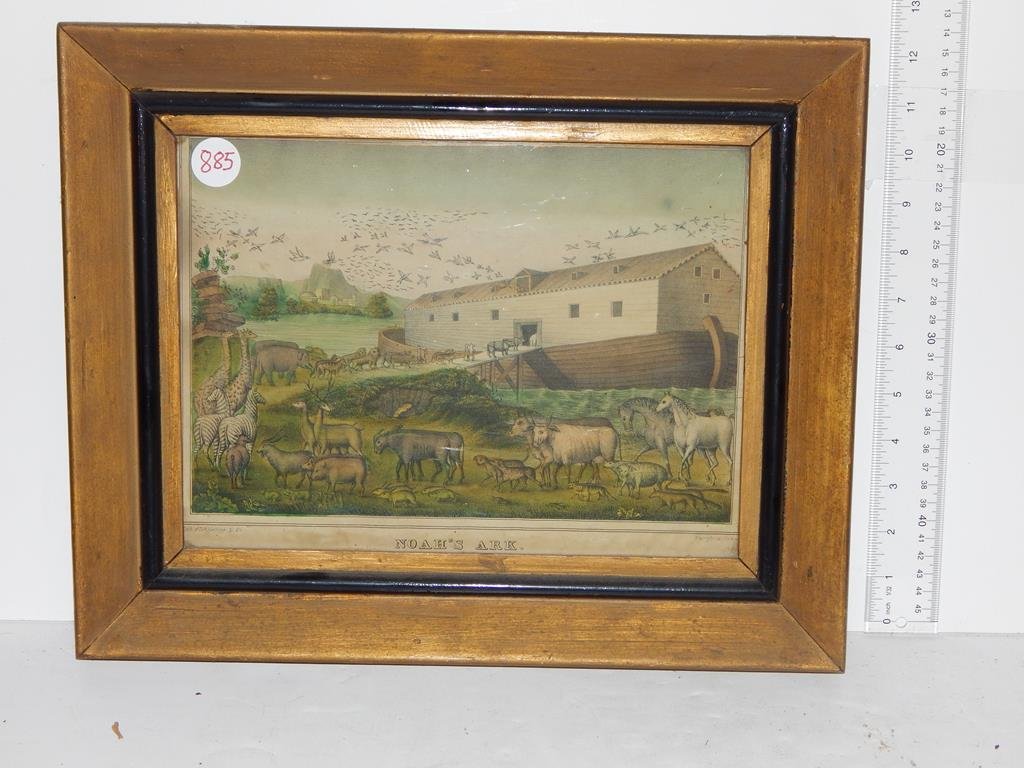 Four framed lithographs, "Noah's ark" by Kellogg minor: Four framed lithographs, "Noah's ark" by Kellogg minor stains, "Noah's ark" by Sarony and Major minor stain, "Noah's ark" by Baillie yellowing, "Noah's ark" by Currier & Ives minor stain all are small