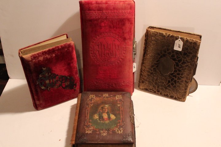 Four vintage photo albums, approximately sixty cabinet: Four vintage photo albums, approximately sixty cabinet photos, good condition, please note the album with the Indian on the cover and has a hide covered back is a fake album for hiding valuables no re