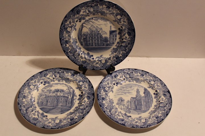 Three blue and white Wedgwood plates, each with: Three blue and white Wedgwood plates, each with different landmarks at Harvard University in 1927 10 1/4"D no ref.#