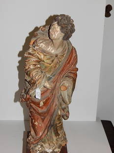 17th century Spanish carving of a mourner, 24"H: 17th century Spanish carving of a mourner, 24"H expected paint loss, wood deterioration, hands missing ref.#153