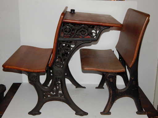 Two Pieces, 1930's School Desk With Inkwell/seat And - Two Pieces, 1930's School Desk With Inkwell/seat And