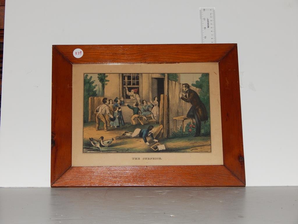 Four framed lithographs, "the surprise" by Kellogg,: Four framed lithographs, "the surprise" by Kellogg, "the harvest dance" by N. Currier tear and stains, "the flower dance" by N. Currier deterioration and "Thomas F. Meagher" by N. Currier discoloratio