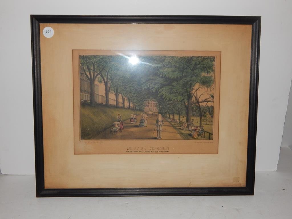 Two lithographs, "central park-the bridge" by Currier &: Two lithographs, "central park-the bridge" by Currier & Ives and "Boston Common" Beacon St. mall looking to Park St. by Haskell & Allen both small folios, frames are 13" x 14" & 17" x 21" condition is