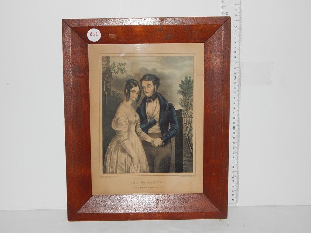 Four framed lithographs, "the happy party" by Kellogg,: Four framed lithographs, "the happy party" by Kellogg, "the declaration" by N. Currier, "the little drummer" by Kellogg minor stains and "the morning prayer" minor stains, all are small folios average