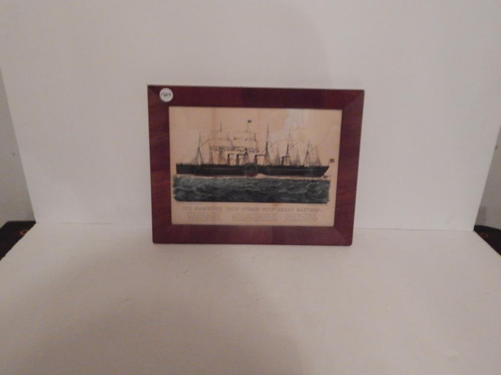 Three framed lithographs, "the mammoth iron steam ship: Three framed lithographs, "the mammoth iron steam ship great eastern" by Currier & Ives minor stains and a small tear in the center, "burning of the steamship golden gate July 27 1862" by Currier & Iv