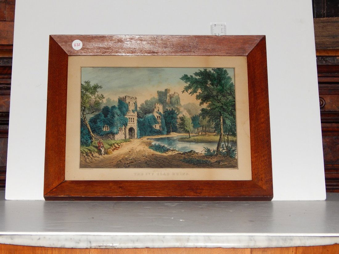 Two framed lithographs, "the mountain spring" by: Two framed lithographs, "the mountain spring" by Currier & Ives and "the Ivy clad ruins" by Currier & Ives both in good condition, medium folios frame size are 16" x 21" and 19 1/2" x 23 1/2" ref.#835
