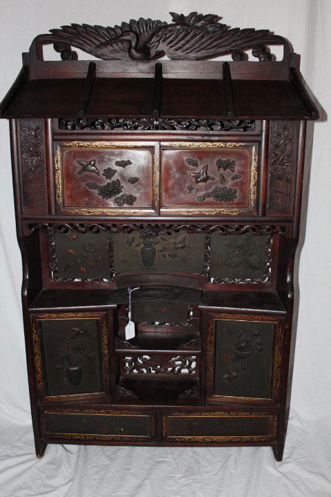 Small oriental teakwood étagère, four doors (two: Small oriental teakwood étagère, four doors (two sliding) and two drawers 43"H 27"W 7"D no ref.#
