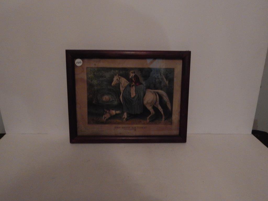 Four framed lithographs, "stable scene No. 2" by N.: Four framed lithographs, "stable scene No. 2" by N. Currier fair condition, "the straw yard-winter" by Currier & Ives staining, "the farmers pet" Kellogg & Comstock yellowing, "why don't he come" by C