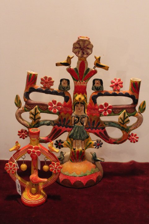 Two Mexican decorated clay candleholders, 8" & 17"H no: Two Mexican decorated clay candleholders, 8" & 17"H no ref.#