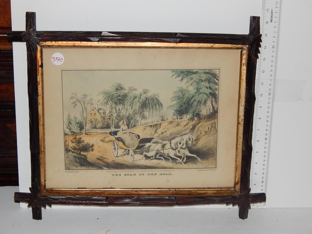 Five framed lithographs, "the pasture" by Kellogg: Five framed lithographs, "the pasture" by Kellogg yellowing, "the great Bartholdi statue" by Currier & Ives poor condition, "No. 15" by Kellogg poor condition, "the star of the road" by N. Currier sta