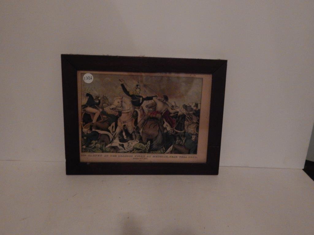 Three framed lithographs, "Santiago De Cuba" by Currier: Three framed lithographs, "Santiago De Cuba" by Currier & Ives discoloration, "Col. Harney at the Dragoon fight at Medelin , near Vera Cruz" by N. Currier small tear & discoloration and "El Fandango M