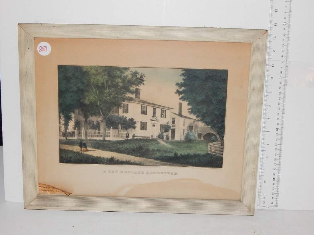 Four pieces, two lithographs, "a New England homestead": Four pieces, two lithographs, "a New England homestead" by N. Currier stains, "old congregational church, Brunswick, ME" stains both are small folios average frame size 13" x 16" & two political relat