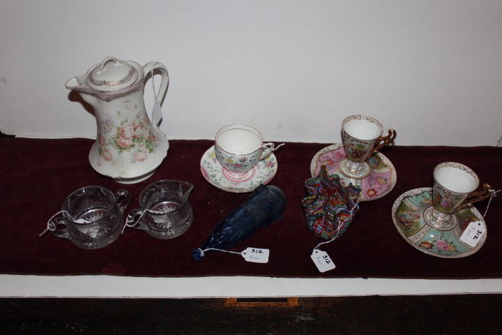 Eight pieces, three cups & saucers two mkd. Austria,: Eight pieces, three cups & saucers two mkd. Austria, one marked Royal Grafton bone china, Murano glass handkerchief vase original paper label 4 1/2"H, floral decorated coffee pot 9"H, blue glass limou