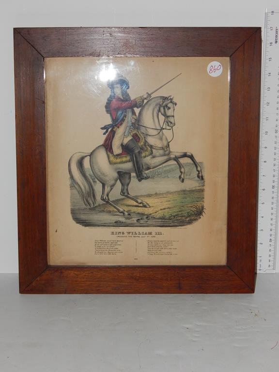 Two framed lithographs, "King William III" crossing the: Two framed lithographs, "King William III" crossing the Boyne July 1st 1690 by Kellogg & Comstock yellowing and "Queen Victoria" by N. Currier stains, both are small folios frames are 13" x 17" & 16"
