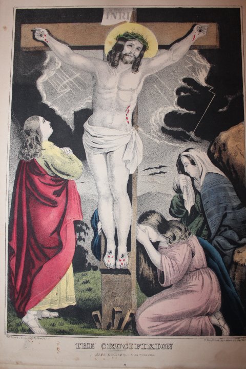 Five unframed lithographs, "the crucifixion" by E.B. &: Five unframed lithographs, "the crucifixion" by E.B. & E.C. Kellogg, "Christ weeping over Jerusalem" by Currier & Ives, "the last supper" by Currier & Ives stains, "elevation of the cross" by Kellogg 