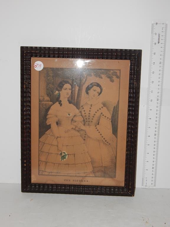 Three framed lithographs, two "the sisters" by Kellogg: Three framed lithographs, two "the sisters" by Kellogg discoloration & yelllowing to both & "the little sisters" by Kellogg stains all are smal folios frames are 12" x 16", 12" x 17", 15" x 19" ref. 8