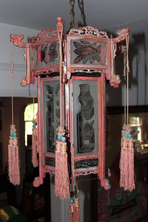 Hanging Chinese lantern, electrified wooden frame with: Hanging Chinese lantern, electrified wooden frame with etched glass windows 20"L no ref.#