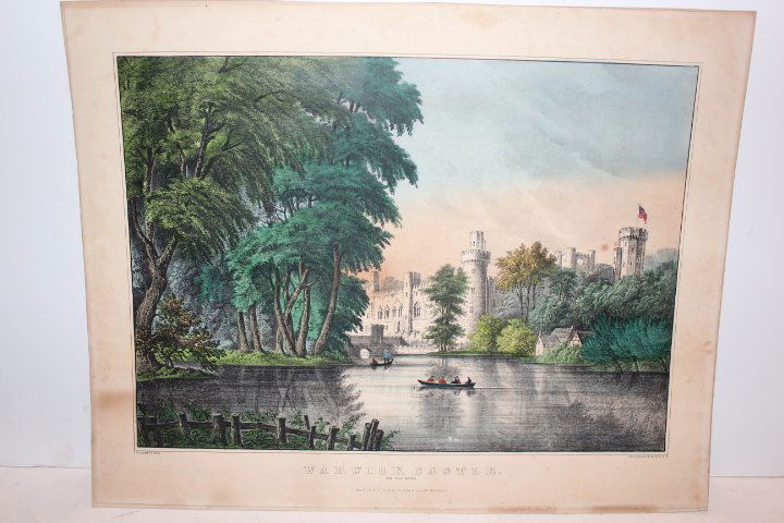 Two unframed lithographs, "Warwick Castle" on the Avon: Two unframed lithographs, "Warwick Castle" on the Avon by Currier & Ives F. Palmer & "landscape and ruins" by Currier & Ives F. Palmer discoloration both are medium folios no ref.#
