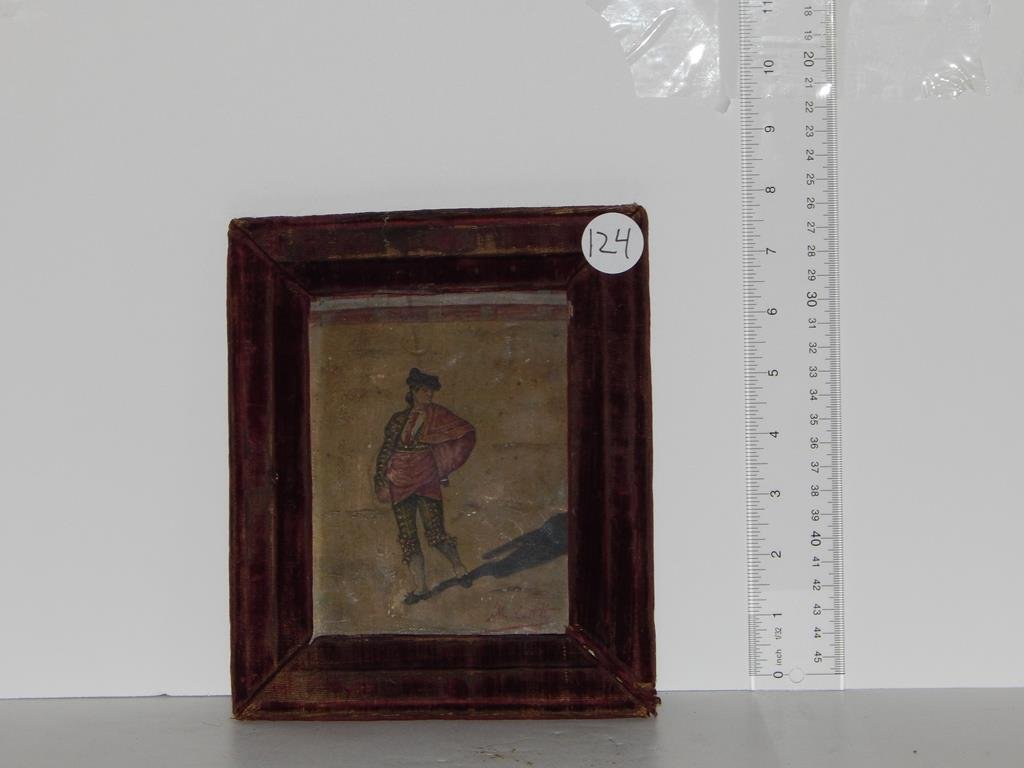 Three pieces, wax on slate "effigy of Shelley" by John: Three pieces, wax on slate "effigy of Shelley" by John Flaxman 4 1/2" x 4 1/2", early oil wooden board of a brawl 4" x 10" & oil on board painting of a matador by M. Castitto 1880 frame is 6 3/4" x 8